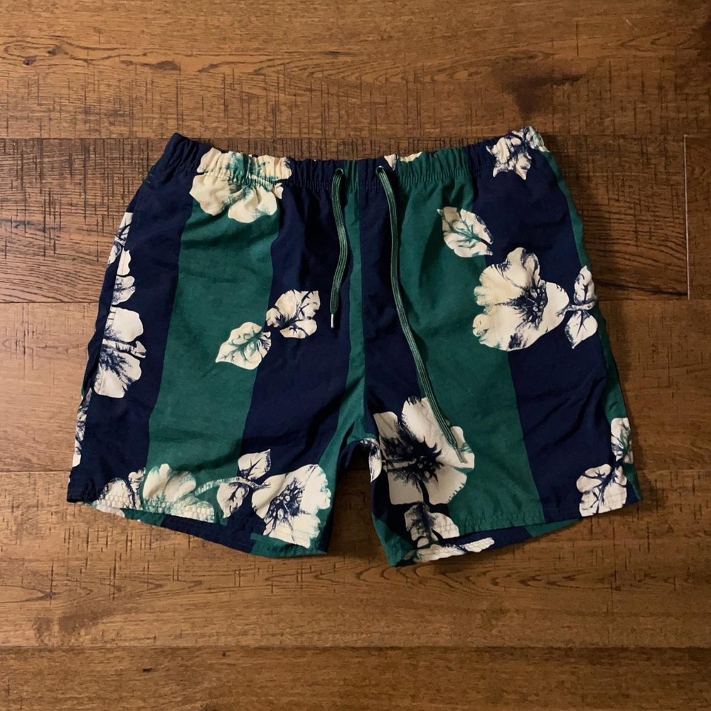 Nautica Swim Shorts Mens Medium Green Navy Tropical Floral Striped Vintage